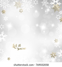 Christmas light background with white and golden snowflakes.