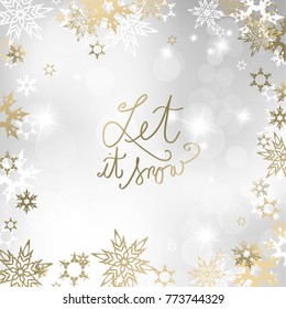 Christmas light background with white and golden snowflakes.