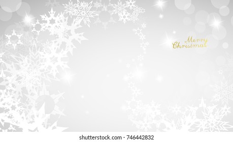 Christmas light background with white snowflakes and golden Merry Christmas text - light version