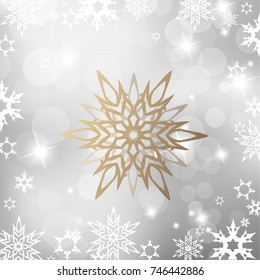 Christmas light background with white snowflakes and one golden snowflake