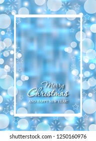 Christmas light blue background. Holiday glowing backdrop blurred bokeh. Vector illustration.