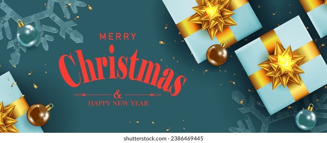 Christmas light blue holiday card, composition with gift box with gold bow, gold tinsel.