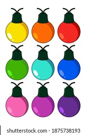 Christmas light bulb illustration set isolated on white background. Vector holiday symbol. Cartoon icons collection. Multi colored decorative element for seasonal design. 