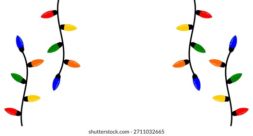 Christmas light bulb vector illustration. Colourfull bulb clip art background with blank space. Xmas light with black wire string decorative greeting card