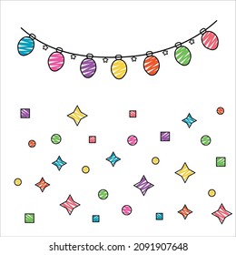 Christmas light bulbs with colorful marker line and star shape garlands vector. Hand drawn, brush stroke new year decorations vector.