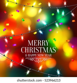 Christmas light bulbs and confetti on bokeh background. Vector illustration.