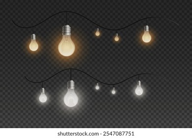 Christmas light bulbs and lights. On a transparent background.