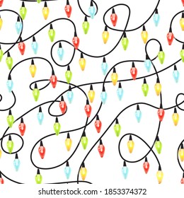 Weihnachtslampen nahtloses Muster, bunte Weihnachtsgärten, Weihnachten- und Neujahrshintergrund