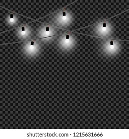 Christmas light bulbs. A set of white lights and decorative objects. White xmas glowing garlands, homemade. Vector, isolated background.