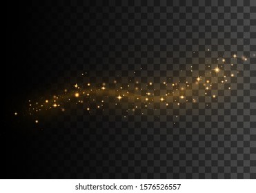 Christmas light effect. Confetti glittering wave. Sparkling magical dust gold particles Golden glittering magic waves on black background. Glitter bright trail. Vector golden sparkling comet tail. 