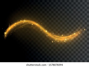 Christmas light effect. Confetti glittering wave. Sparkling magical dust gold particles Golden glittering magic waves on black background. Glitter bright trail. Vector golden sparkling comet tail. 