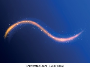 Christmas light effect. Confetti glittering wave. Sparkling magical dust gold particles Golden glittering magic waves on black background. Glitter bright trail. Vector golden sparkling comet tail. 