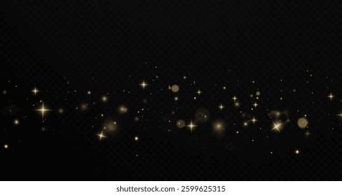 Christmas light effect with dust, fantasy sparkles, and festive flares. Features glistering, glittering, glowing gold highlights, perfect for holiday illustrations and magical designs.	