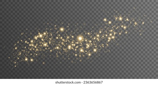 Christmas light effect with dynamic golden magical dust isolated on transparent background. Flying glowing particles with lights bokeh. Glittering graphic elements. Vector illustration. EPS 10.