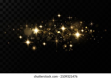 Weihnachtslicht-Effekt. Zauberhafte Staubpartikel. Der Staub funkelt und die goldenen Sterne leuchten mit besonderem Licht.