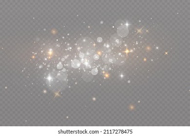Christmas light effect. Sparkling magical dust particles.The dust sparks and golden stars shine with special light.