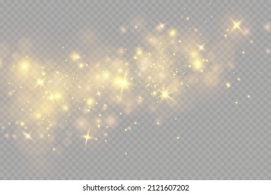 Weihnachtslicht-Effekt. Zauberhafte Staubpartikel. Der Staub funkelt und die goldenen Sterne leuchten mit besonderem Licht.