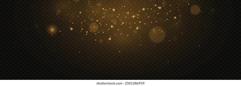 Christmas light effect. Sparkling magical dust particles and sparkling golden stars shine with a special light.