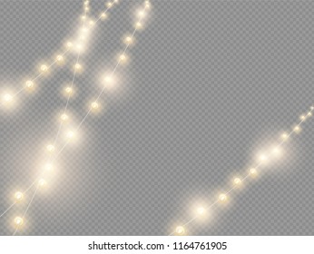 Christmas light effect vector design element. Golden color bulbs on transparent background.