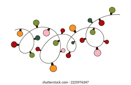Christmas light electric garland in doodle style. Xmas one line art for greeting card