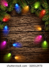 Christmas light with fir branches on old wooden texture. Vector illustration