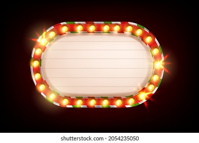 Christmas light frame, vector retro bulb sign banner, holiday vintage cinema show billboard Vegas lamp. Casino theater glowing signboard illustration electric illuminated shiny border. Christmas frame