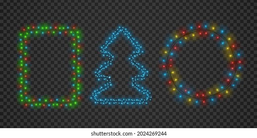 Christmas light garland frames in round, square and tree shape. Xmas glow border decoration for holiday greetings. Lights wreath vector set. Illustration of christmas frame decoration garland