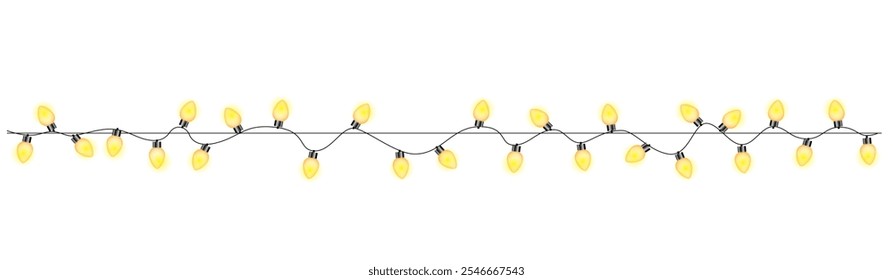 Christmas light garland isolated on transparent background. Long decorative light bulbs.