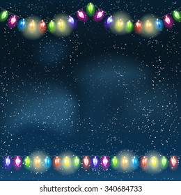 Christmas light garland on the night sky. Vector illustration.