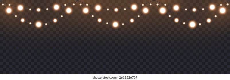 Christmas light garland on transparent background. Gold lights on wire dark bg, design element for flyer, poster, new year card theme. Eve party decoration png banner, vector illustration.