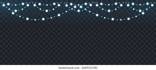 Christmas light garland on transparent background. Blue lights on wire dark bg, design element for flyer, poster, new year card theme. Eve party xmas png banner, vector illustration.