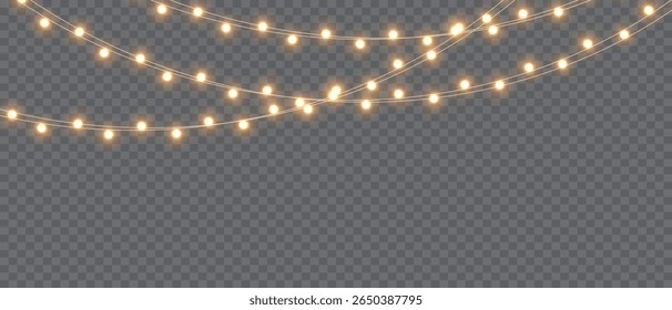 Christmas Light Garland on Transparent Background. Festive Bright Bulbs, Glitter, Holiday Decoration, Vector Illustration