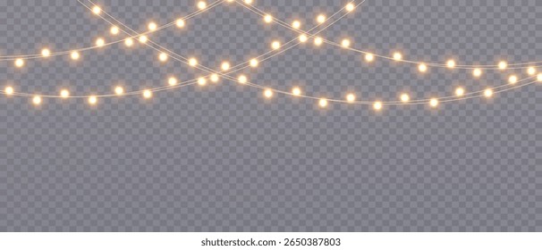 Christmas Light Garland on Transparent Background. Festive Bright Bulbs, Glitter, Holiday Decoration, Vector Illustration
