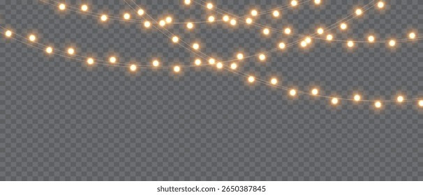 Christmas Light Garland on Transparent Background. Festive Bright Bulbs, Glitter, Holiday Decoration, Vector Illustration