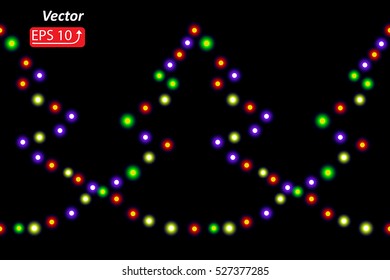 Christmas light garland, seamless pattern fir trees, colorful illumination on black background, element for your celebratory design vector illustration