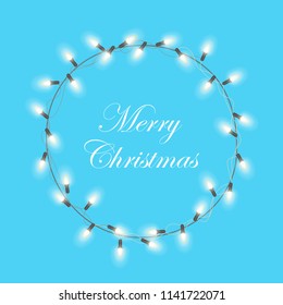 Christmas light garland wreath. Christmas Xmas Holiday Greeting Card vector design. Merry Christmas lettering.