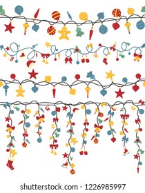 Christmas light garlands set. Colour isolated design seamless pattern. New year winter collection. Vector illustration