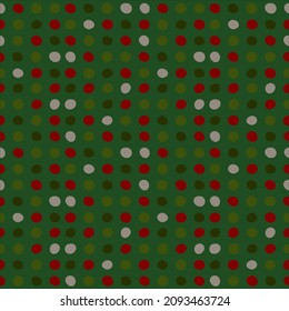 Christmas light green dotted vector pattern. Red, grey, green spots on the green color. Christmas traditional colors. Holiday wrapping paper. Simple, traditional design wallpaper.