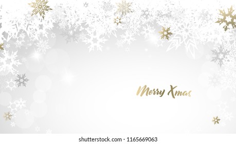 Christmas light greeting card background with golden and white snowflakes and Merry Christmas text - light version