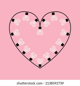 Christmas light. Heart frame. One line garland string. Happy Valentines Day. Glowing lamp light bulb. Continuous line art. Black hearts. Decoration element. Love sign symbol Pink background. Vector