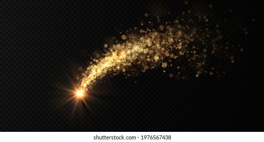 Christmas light holiday comet. Christmas background. Powder PNG. Magic shining gold dust. Fine, shiny bokeh dust particles fall off slightly. The magical effect of flickering lights.