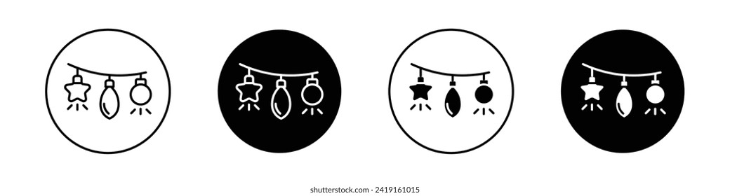 conjunto de iconos de luz de Navidad. Símbolo vectorial de la bombilla blanca de cadena de vacaciones en un estilo negro relleno y delineado. Iluminación en el signo de cadena.