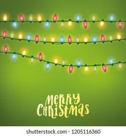 Christmas light lines on a green background. Little shiny fairy lights template with typographic Merry Christmas text. Perfect as a greeting card