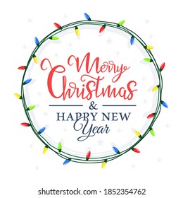 Weihnachtslicht befindet sich in einem Kreis, im Inneren gibt es eine Urlaubsschrift auf weißem Hintergrund. Weihnachtsmarke im flachen Stil. Vektorgrafik