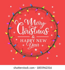 Christmas light is located in a circle, inside there is a holiday lettering on a red background. Christmas card in flat style. Vector illustration