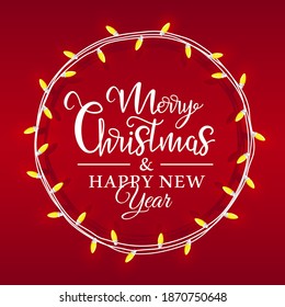 Christmas light is located in a circle, inside there is a holiday lettering on a red background. Christmas card in flat style. Vector illustration