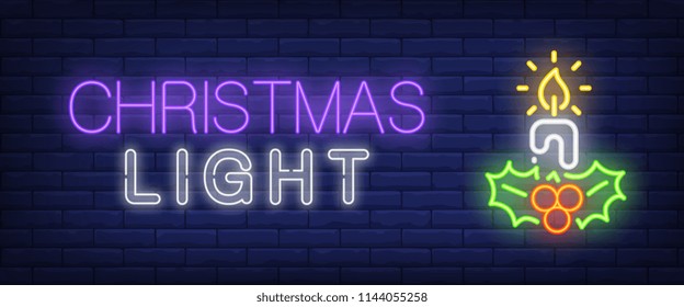 Christmas light neon text with candle and mistletoe. Christmas eve or New Year Day concept. Night bright neon sign, colorful billboard, light banner. Vector illustration in neon style.