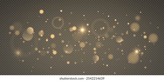 Christmas light on a transparent background. Golden dust light in png format. Christmas background made of glitter dust Christmas glowing light bokeh confetti and sparkles overlay texture for your des