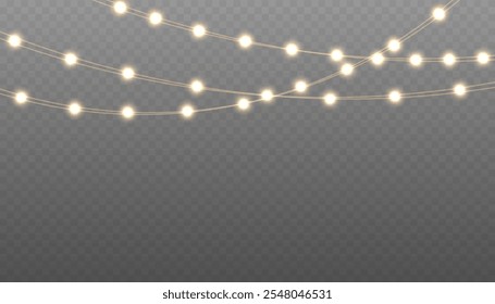 Christmas light png garlands. Set of Christmas glowing garlands. Festive Christmas gold garlands, dust, sparkle, and a star.