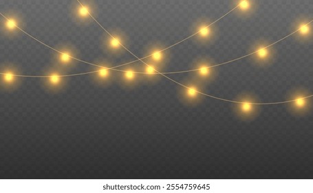 Christmas light png garlands. Set of Christmas glowing garlands. Festive Christmas gold garlands, dust, sparkle, and a star.